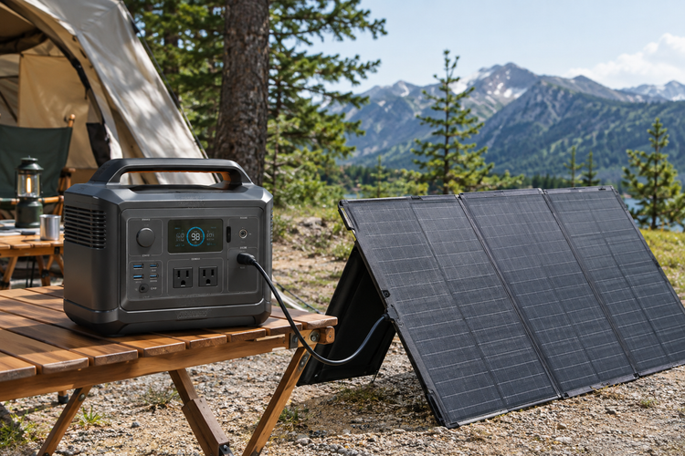 Portable Solar Power Station at Campsite