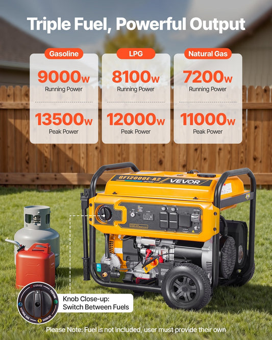 Portable Generator, Gasoline 13500W Peak Watt, LPG 12000W Peak Watt & Natural Gas 11000W Peak Watt Tri-Fuel Generator, Home Backup Generators with Electric Start, Gas, LPG & Natural Gas Powered