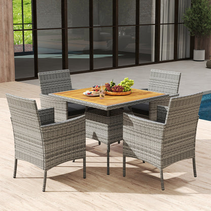 5 Pieces PE Wicker Patio Dining Set Outdoor Acacia Wood Table and Chairs-Black