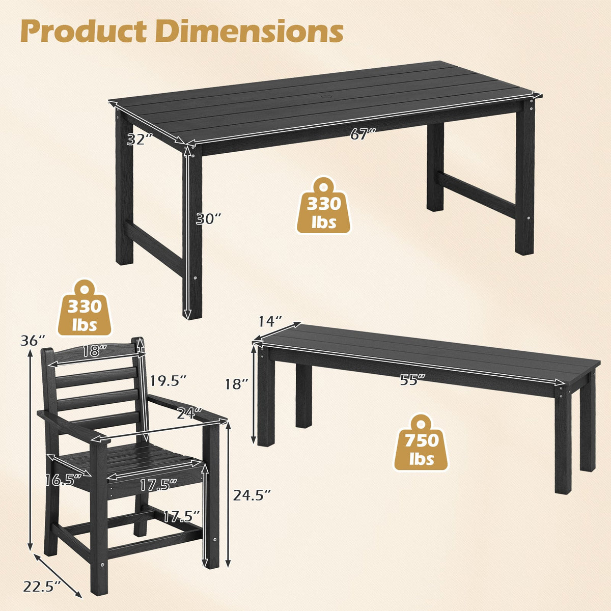 6 Pieces Patio Dining Bench Set Outdoor HDPE Weather Resistant Table and Chairs Set