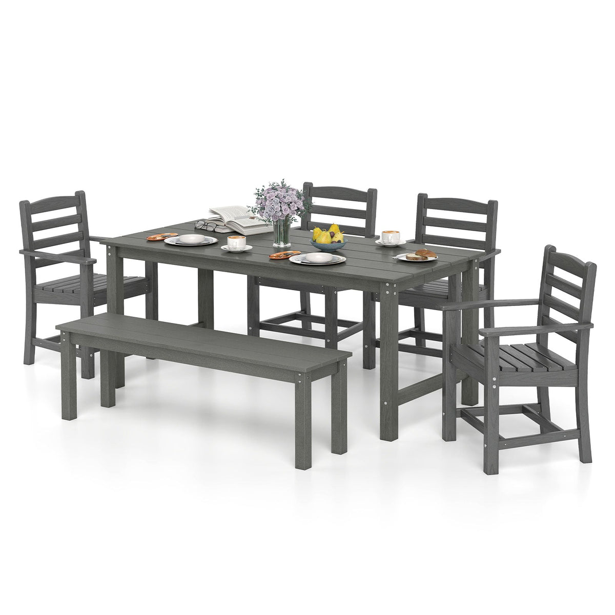 6 Pieces Patio Dining Bench Set Outdoor HDPE Weather Resistant Table and Chairs Set