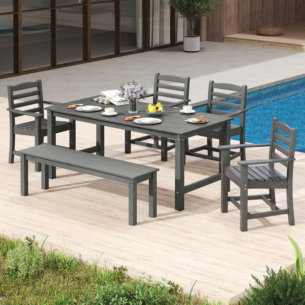 6 Pieces Patio Dining Bench Set Outdoor HDPE Weather Resistant Table and Chairs Set