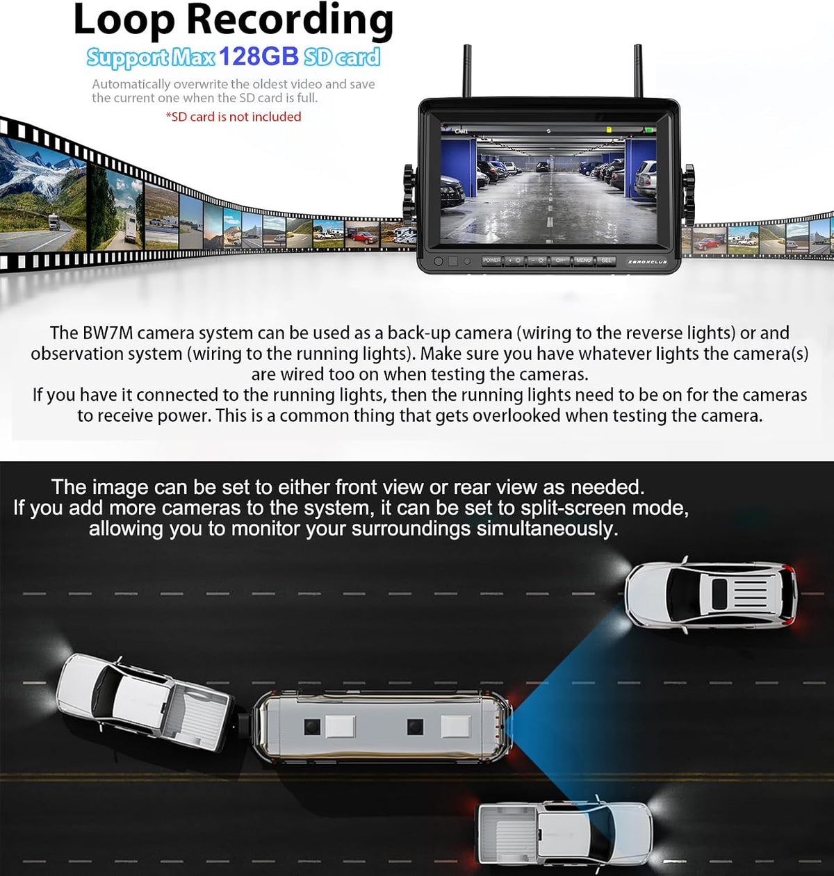 1080P 7" DVR Monitor Wireless RV Backup Camera System