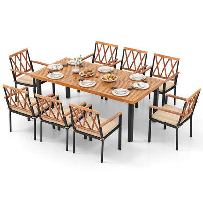 9 Pieces Patio Dining Set 39.5 Inch Acacia Wood Table with Umbrella Hole and 22.5-Inch Wide Chairs