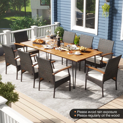 9 Pieces Outdoor Patio Dining Set with Acacia Wood Square Table and Umbrella Hole