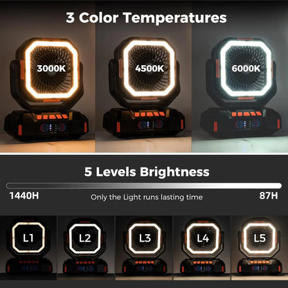 40000mAh Camping Fan Rechargeable Desktop Portable Air Circulator Wireless Ceiling Electric Fan with Power Bank LED Lighting