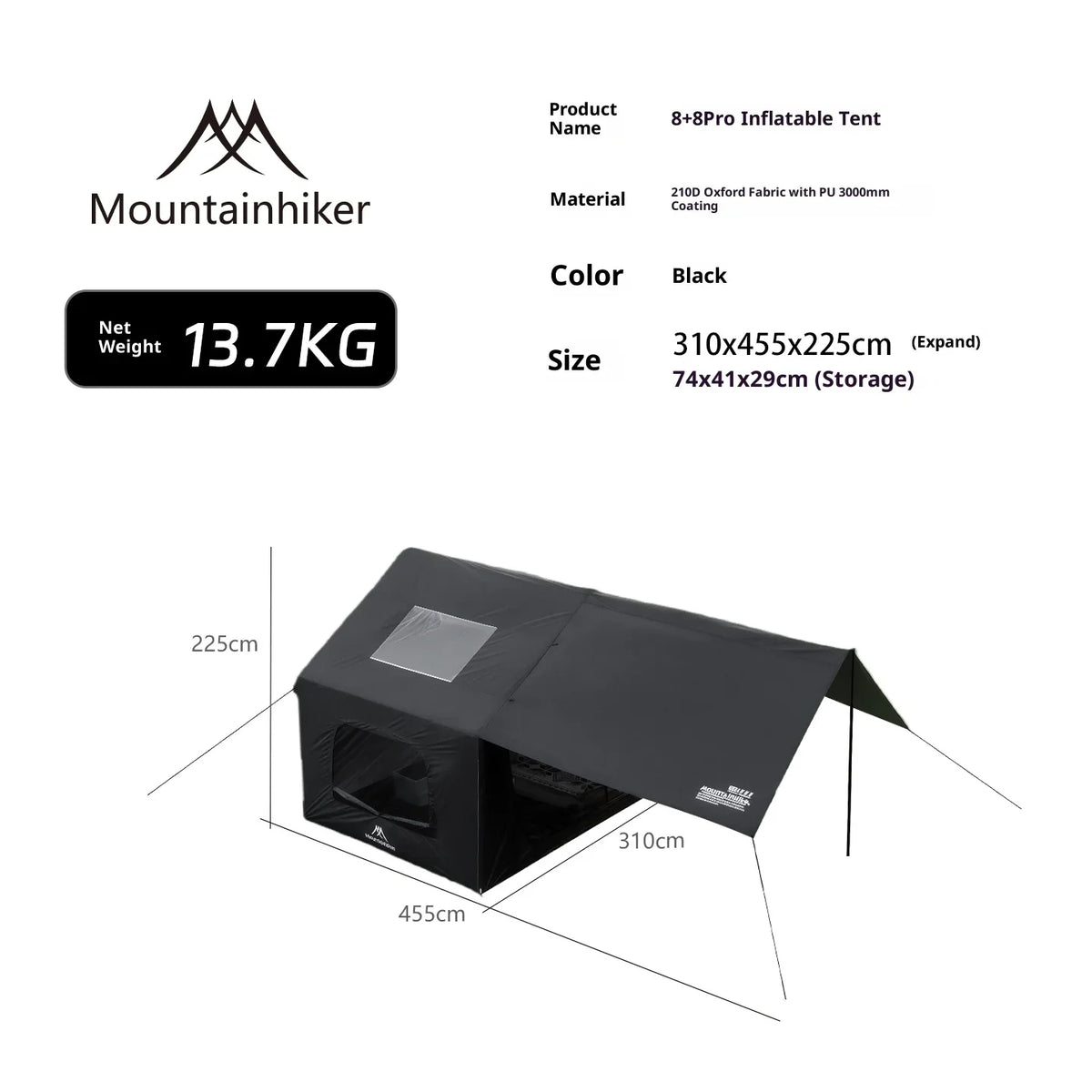 MOUNTAINHIKER 8+8m² Inflatable Tent Camping 4-6 Person Waterproof Family Awning Beach Tent Quick Open Fishing Picnic Park Tent