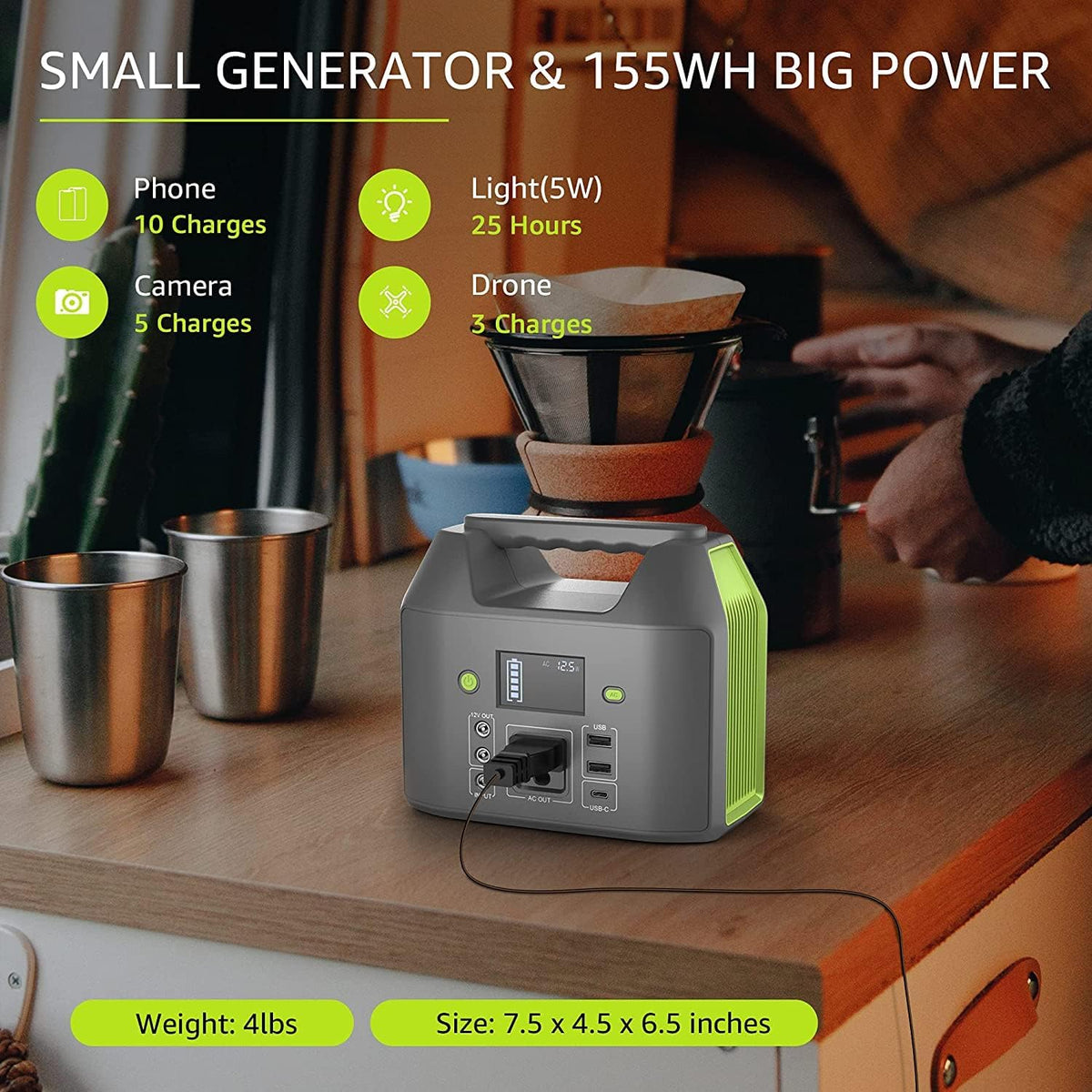 Portable Power Station, 150W 155Wh Power Bank with 110V AC Outlet, 6 Outputs External Battery Pack Portable Backup Battery Laptop Charger with LED Light for Home Camping