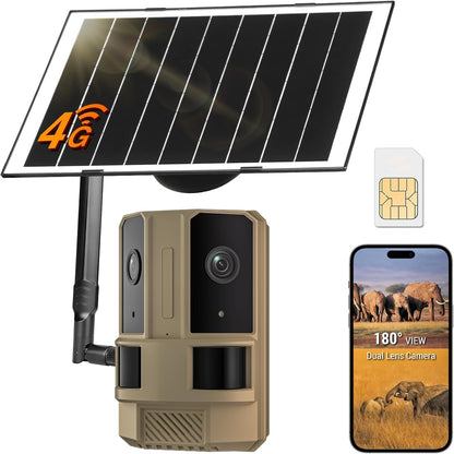 4G LTE Cellular Outdoor Security Camera (No Wifi Needed) with Built-In SIM Card, Dual-Lens 180° View, 4K Color Night Vision, Solar Powered, 2-Way Audio, IP66 Waterproof