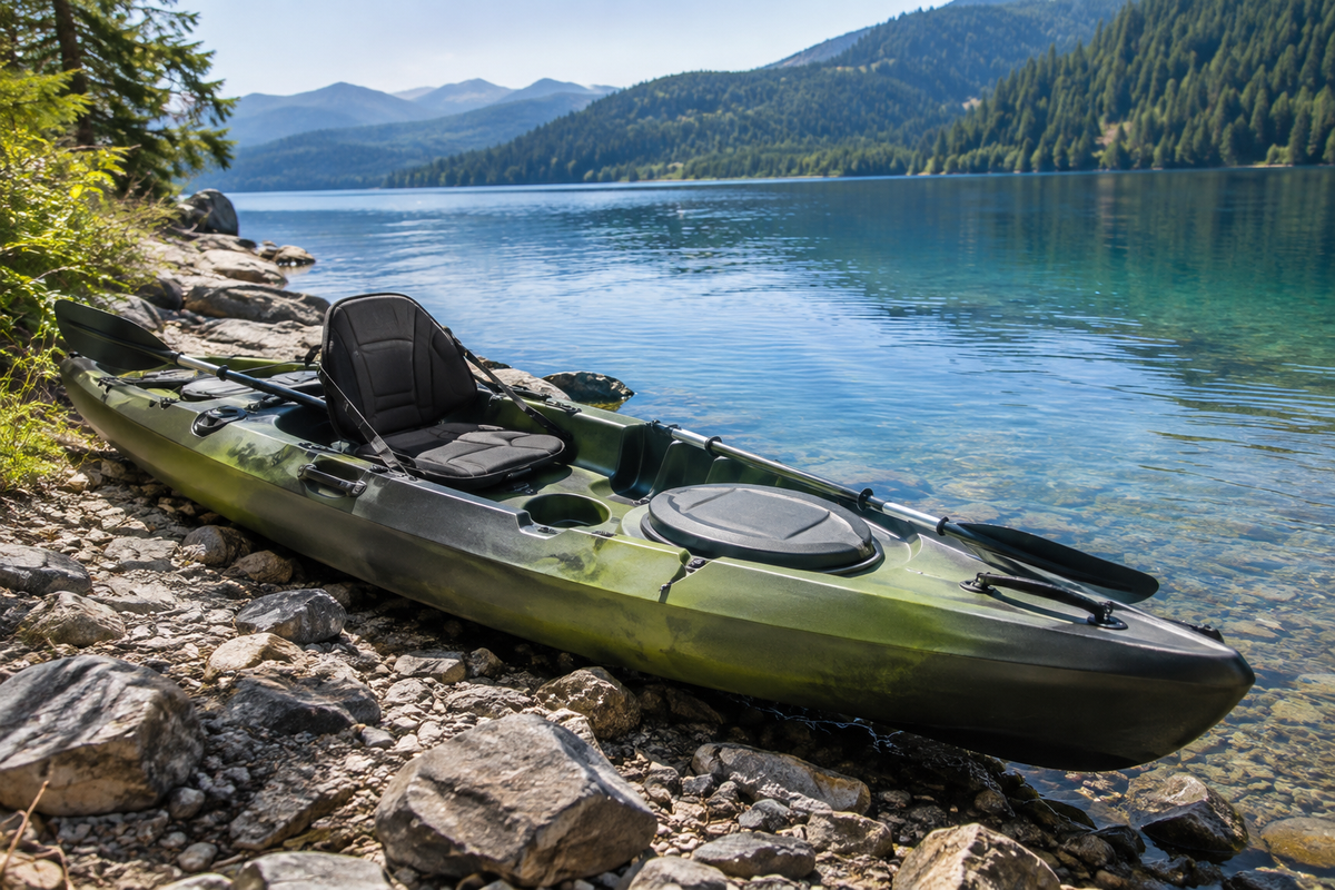 Kayak on Mountain Lake Shoreline