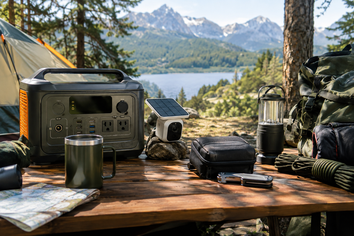 Outdoor gear arranged at campsite