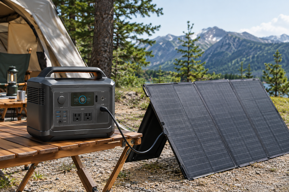 Portable Solar Power Station at Campsite
