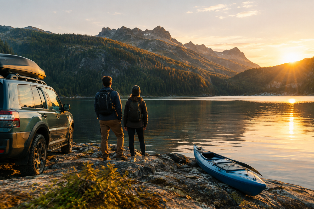 Two adventurers at mountain lake with kayak and SUV
