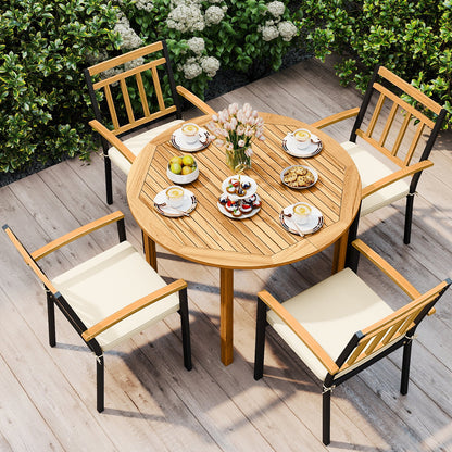5 Pieces Outdoor Acacia Wood Dining Set Patio Round Table and Metal Chairs with Cushions