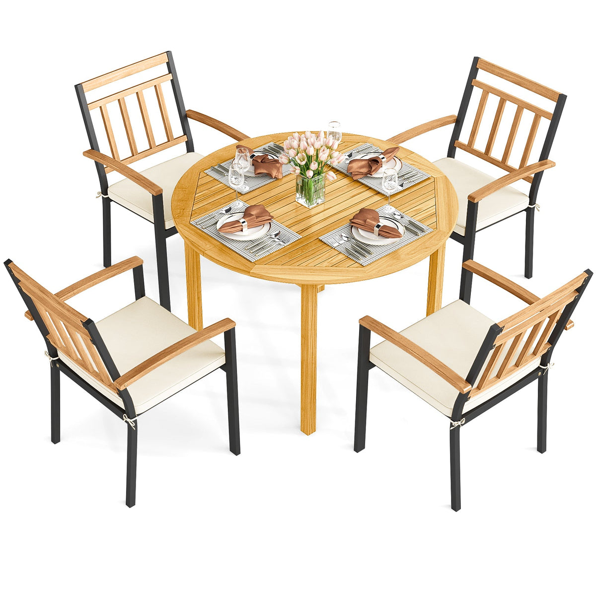 5 Pieces Outdoor Acacia Wood Dining Set Patio Round Table and Metal Chairs with Cushions