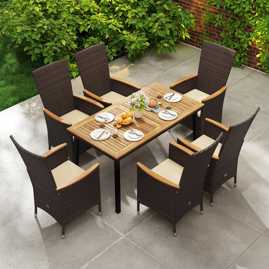 Outdoor Dining Set for 6 Patio Wicker Armchairs and Acacia Wood Table