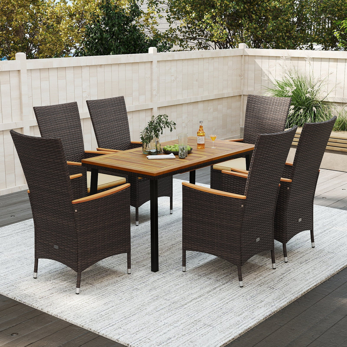 Outdoor Dining Set for 6 Patio Wicker Armchairs and Acacia Wood Table