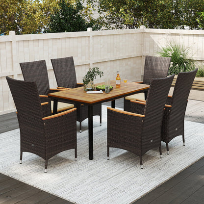 Outdoor Dining Set for 6 Patio Wicker Armchairs and Acacia Wood Table